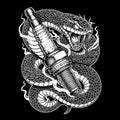 Aggressive Snake Coiled Around Spark Plug - Black and White Illustration Royalty Free Stock Photo