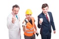 Aggressive team of docor, constructor and businessman