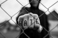 Aggressive teenage boy showing hes fist behind wired fence at the correctional institute, the word hate is written on hes hand