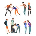 Aggressive Teenagers Bullying Classmates Set, Teenage Aggression and Violence Cartoon Vector Illustration