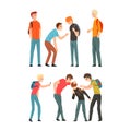 Aggressive Teenagers Bullying Smaller Boys Set, Teenage Aggression and Violence Cartoon Vector Illustration