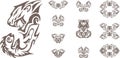 Aggressive tribal lion and fish symbols on a white background