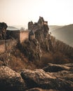 Aggstein castle ruin and Danube river at sunset in Wachau, Austria during spring Royalty Free Stock Photo