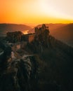 Aggstein castle ruin and Danube river at sunset in Wachau, Austria during spring Royalty Free Stock Photo