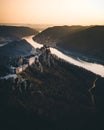 Aggstein castle ruin and Danube river at sunset in Wachau, Austria during spring Royalty Free Stock Photo