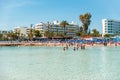 AGIA NAPA, CYPRUS - April 3, 2016: Famous blue flagged Nissi beach, view from little island