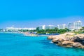 AGIA NAPA, CYPRUS, AUGUST 15, 2017: People are enjoying a sunny day at a beach at Agia Napa, Cyprus Royalty Free Stock Photo