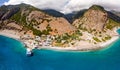 AGIA ROUMELI, CRETE, GREECE - JULY 20 2021: Aerial view of the village of Agia Roumeli at the exit of the Samaria Gorge on the