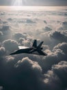 An agile fighter jet banks steeply over a snowy mountain range, its engines roaring against the silence of the winter Royalty Free Stock Photo