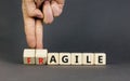 Agile or fragile symbol. Concept words Agile and Fragile on wooden cubes. Beautiful grey table grey background. Businessman hand.