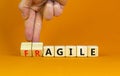 Agile or fragile symbol. Concept words Agile and Fragile on wooden cubes. Beautiful orange table orange background. Businessman