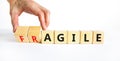 Agile or fragile symbol. Concept words Agile and Fragile on wooden cubes. Beautiful white table white background. Businessman hand