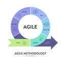 Agile lifecycle methodology infographic is a processes to create and respond to change. Life cycle of product development and