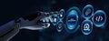 Agile Software Development.Robot pressing button on virtual screen. 3d render