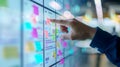 Agile software development scrum methodology boards. workflow, Finger touching virtual interface.AI generative Royalty Free Stock Photo