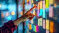 Agile software development scrum methodology boards. workflow, Finger touching virtual interface.AI generative Royalty Free Stock Photo