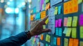 Agile software development scrum methodology boards. workflow, Finger touching virtual interface.AI generative Royalty Free Stock Photo