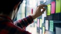 Agile software development scrum methodology boards. workflow, Finger touching virtual interface.AI generative Royalty Free Stock Photo