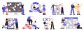 Agile software development team, devOps, kanban board, scrum sprint scheme. IT software development team workflow vector