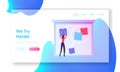 Agile Software Development Website Landing Page. Business Woman Put Stick Notes on Board Create Strategy of Project