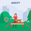 Agility. Dog training park with sport equipment. A woman training dog. Cynology. Flat vector.