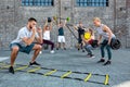 Agility ladder drill workout, ladder footwork Royalty Free Stock Photo