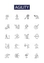 Agility line vector icons and signs. fleetness, suppleness, adaptability, quickness, nippiness, nimiety, dartiness