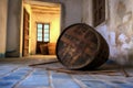 aging barrel with rusty hoops on stone floor