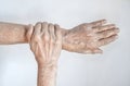 Aging hands of Asian woman. Concept of rheumatoid arthritis , osteoarthritis, wrist strain or joint pain