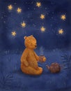 Watercolor drawing of a bear drinking tea at night under the stars