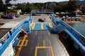 Agiokampos, Evia island, Greece - August 15, 2023: Cars loading the ferryboat. Evia island, Agiokampos to Glyfa