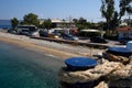 Agiokampos, Evia island, Greece - August 15, 2023: Vehicles, cars, and busess waiting to load the ferryboat. Evia island,
