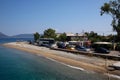 Agiokampos, Evia island, Greece - August 15, 2023: Vehicles, cars, and busess waiting to load the ferryboat. Evia island,