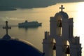 Agios Theodori church dome and belltower at sunset. Firostefani, Santorini, Cyclades islands. Greece Royalty Free Stock Photo