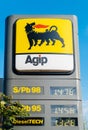 AGIP gas fuel station with prices in euro for unleaded and leaded fuel diesel