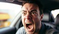 Agitated man shouting in frustration while driving his car in heavy traffic on white background