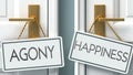 Agony and happiness as a choice - pictured as words Agony, happiness on doors to show that Agony and happiness are opposite
