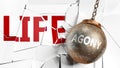 Agony and life - pictured as a word Agony and a wreck ball to symbolize that Agony can have bad effect and can destroy life, 3d