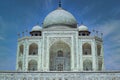 Agra, India : Close up shot of sharply focused Taj mahal monument a symbol of love against dramatic blue sky Royalty Free Stock Photo