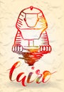 Agra label with hand drawn Cairo label with hand drawn Sphinx, lettering Cairo with watercolor red fill