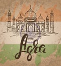 Agra label with hand drawn the Taj Mahal, lettering Agra and Indian flag Royalty Free Stock Photo