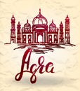 Agra label with hand drawn the Taj Mahal