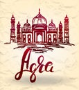 Agra label with hand drawn the Taj Mahal, lettering Agra with watercolor purple fill