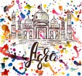 Agra label with hand drawn the Taj Mahal, lettering Agra on watercolor background