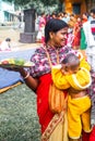 Agradwip, West Bengal, India - Dec 8, 2019. Indian people get food sacred food called Prasadam.