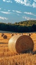 Agrarian landscape Hay bales scattered across a golden field Royalty Free Stock Photo