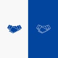 Agreement, Deal, Handshake, Business, Partner Line and Glyph Solid icon Blue banner Line and Glyph Solid icon Blue banner