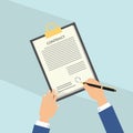 Agreement flat icon with long shadow. Hand signing contract on white paper. Man signs contract. Royalty Free Stock Photo