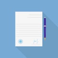 Agreement icon long shadow contract and pen in flat style Royalty Free Stock Photo