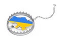 Agression to Ukraine Concept. Ukrainian Map in Colors of Ukrainian Flag Catch in Metal Bear Trap. 3d Rendering Royalty Free Stock Photo